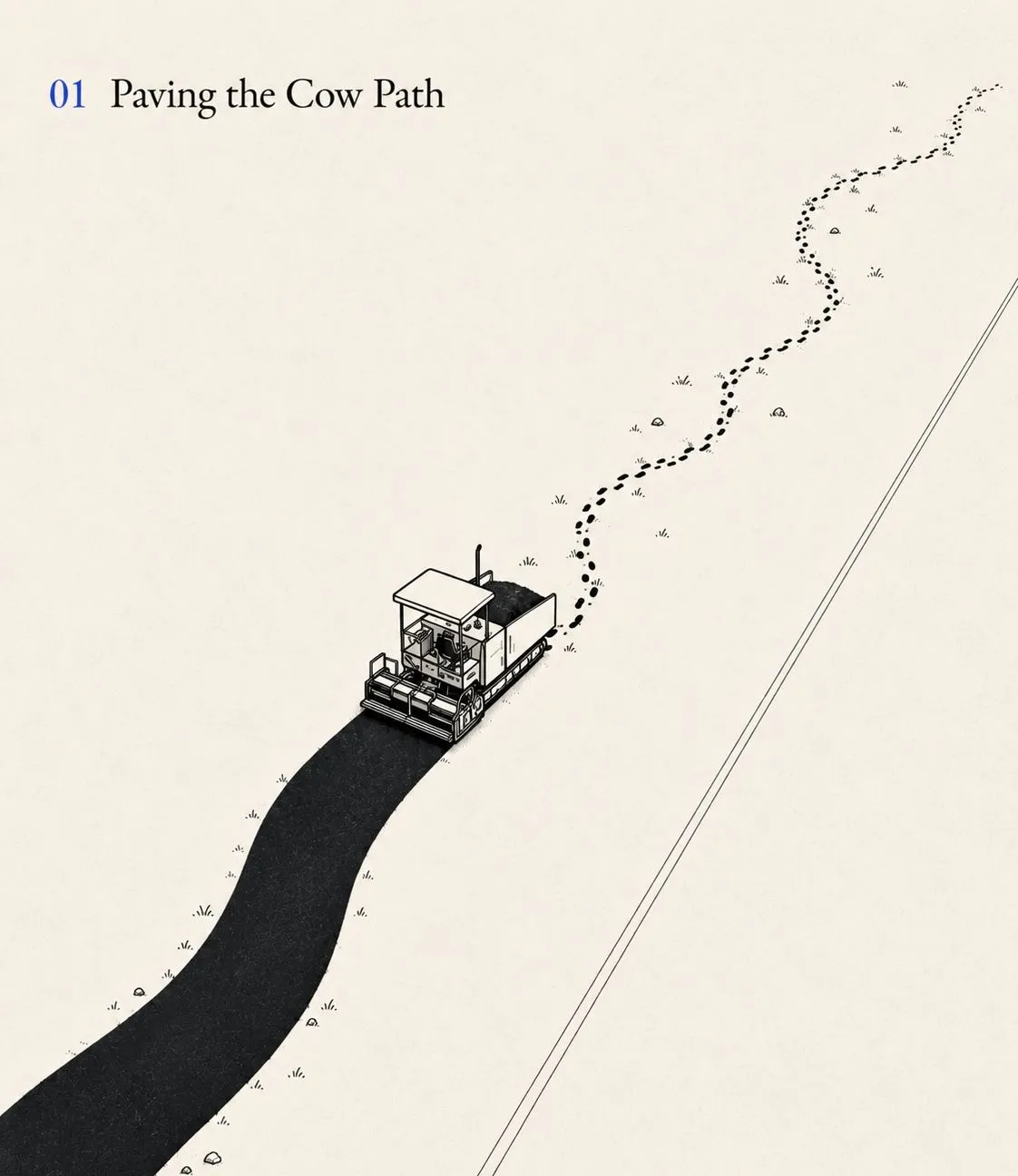 An asphalt paver laying a smooth road directly over a winding cow trail