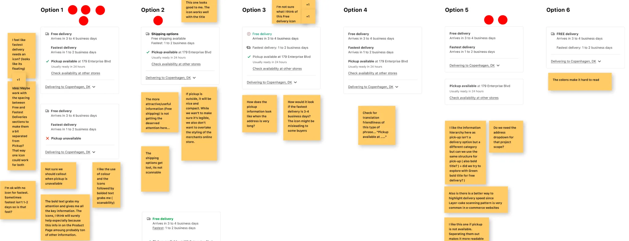 Exploring the design space — six options for how much delivery detail to surface, reviewed with the team.