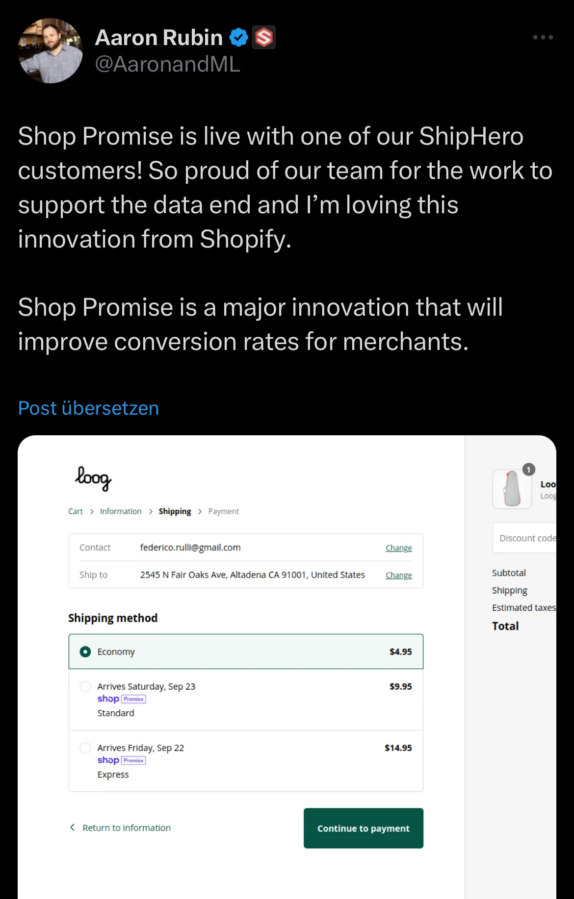 Shop Promise live in the wild — a logistics partner reacting to the launch, with the promise shown at checkout.
