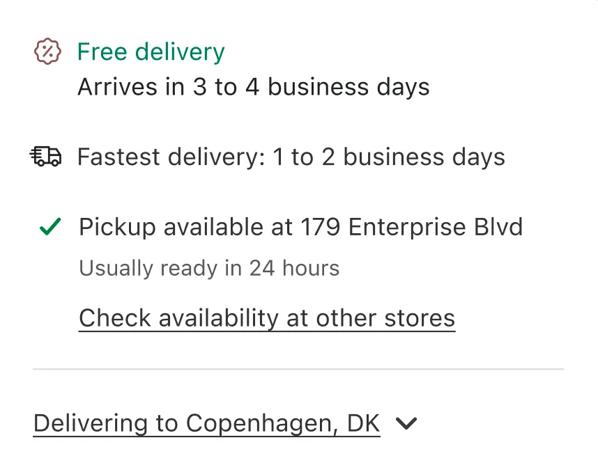 An early iteration showing free, fastest, and pickup delivery options on the product page.
