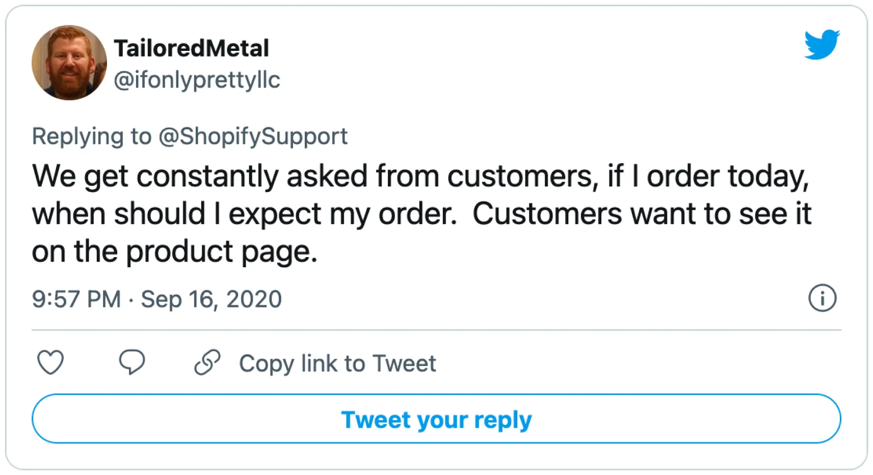 The problem in a merchant's own words — customers want the delivery date on the product page, before checkout.