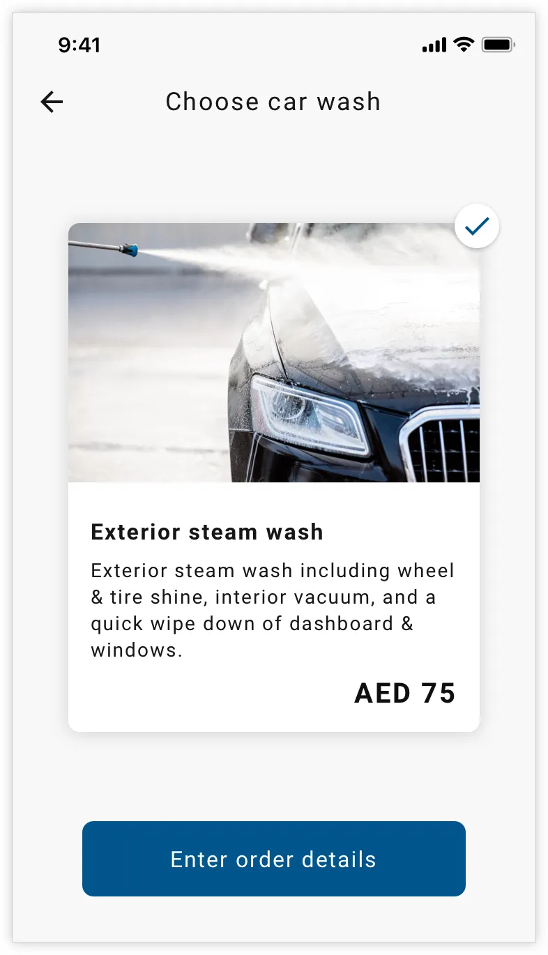 The customer flow for selecting a car-wash package.